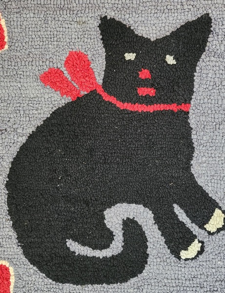 **Vintage PA. Folk Art Cats & Hearts Hooked Rug