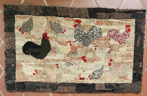 Early 20th C. PA. Folk Art Chickens Hooked Rug