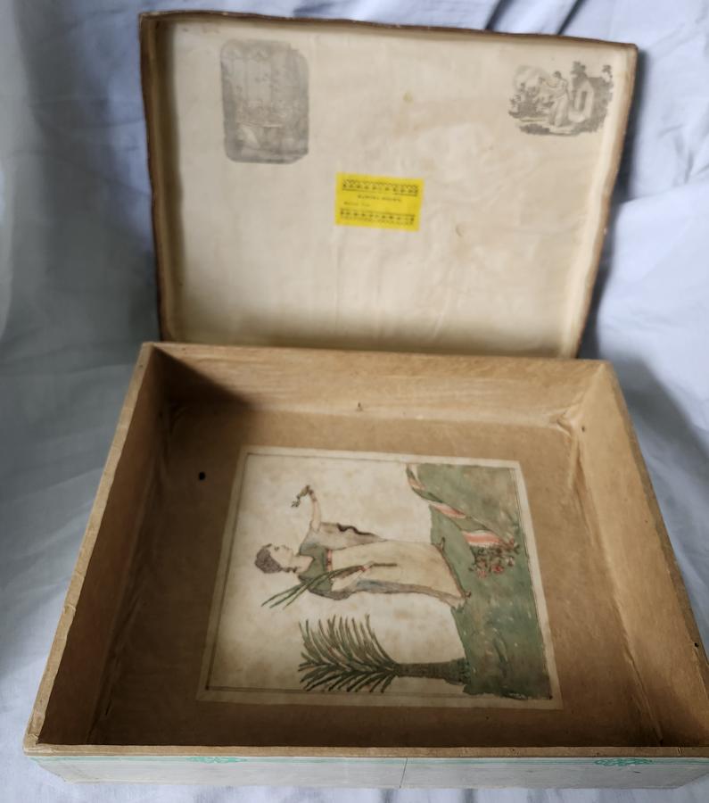 Antique Box w/Folk Art Paintings of House & Woman