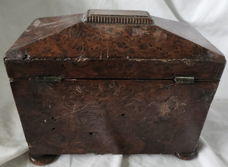 Antique Burl Veneer Tea Caddy w/Working Orig. Key