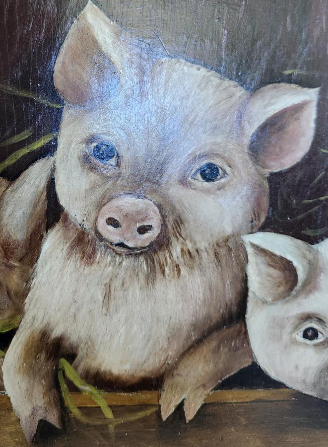 Vintage Folk Art Painting of 5 Piglets