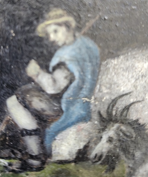 Antique Folk Art Oil Painting of Goatherd & Goats