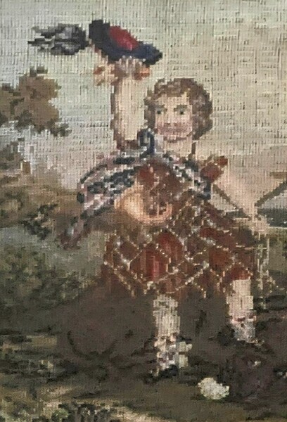 **19th C. Irish Needlepoint of Child w/ Dog & Bird