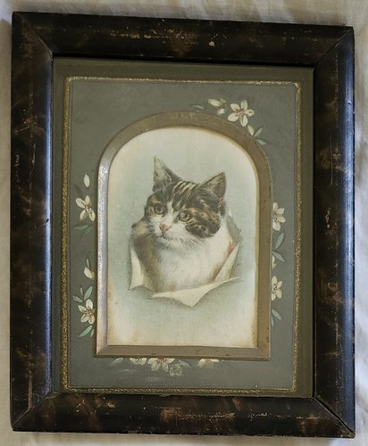 19th C. Folk Art Oil on Silk Cat Portrait