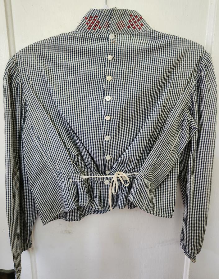 Antique Blue Checked Lady's Blouse w/Embroidery