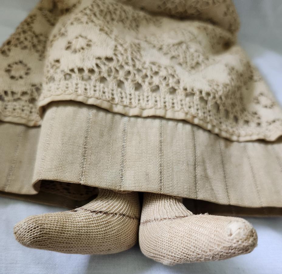 Ca. 1890 Folk Art Sepia Ink Face & Hair Rag Doll