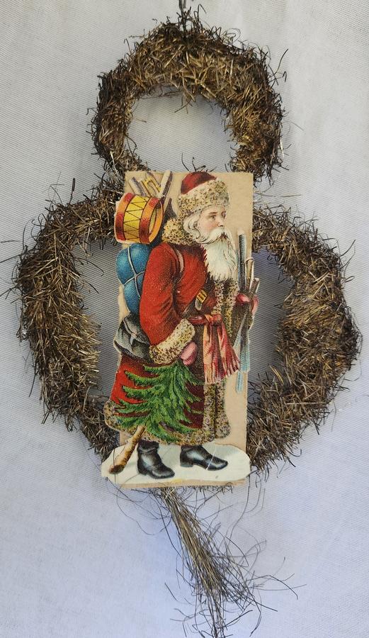 3 Antique Red Santa Scrap Tinsel Xmas Ornaments