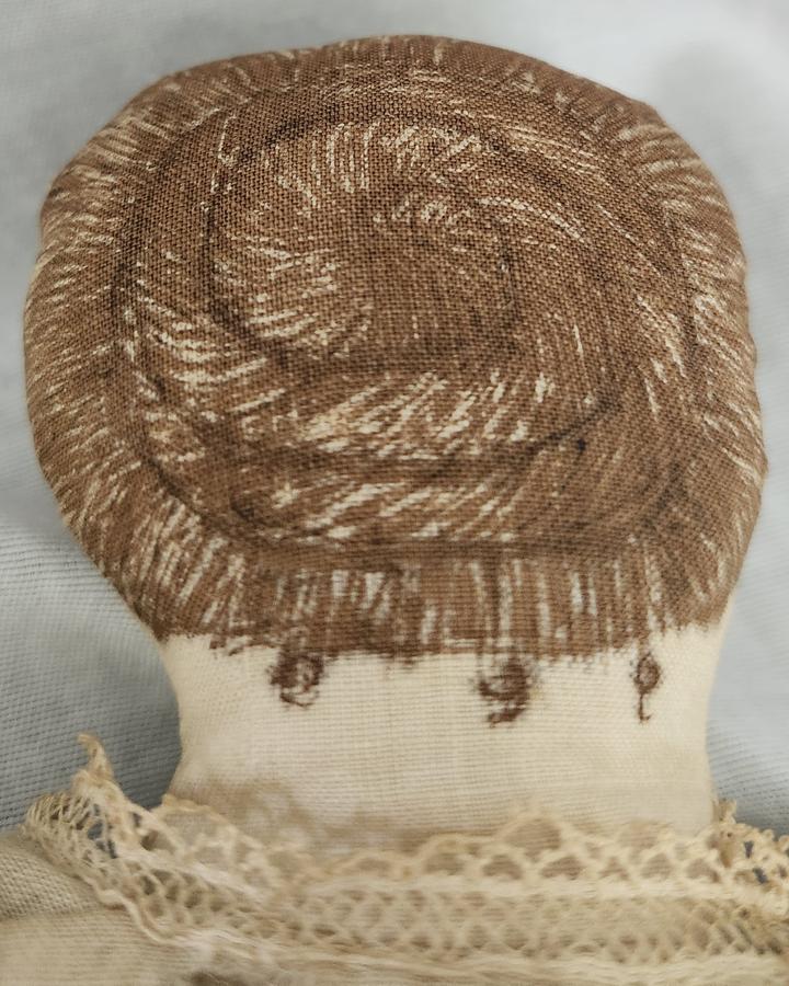 Ca. 1890 Folk Art Sepia Ink Face & Hair Rag Doll