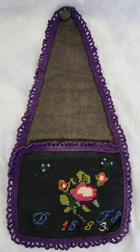 1883 Needlepoint & Crocheted Wall/Sewing Pocket