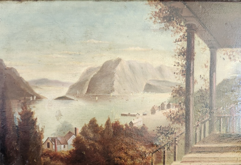 **Antq. Painting of Couple Overlooking Sea Village