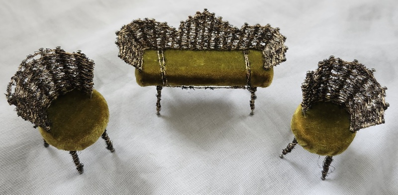 9 Pcs. Antq. Folk Art Wire & Velvet Doll Furniture