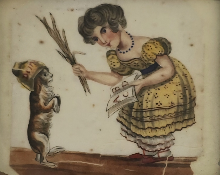 **Antq. Folk Portrait of Girl & "Dunce" Dog w/Prov