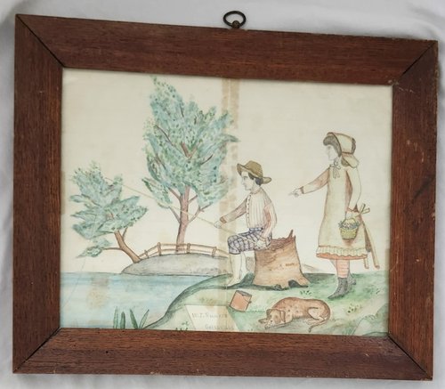 **19th C. Signed Fishing Watercolor w/Provenance
