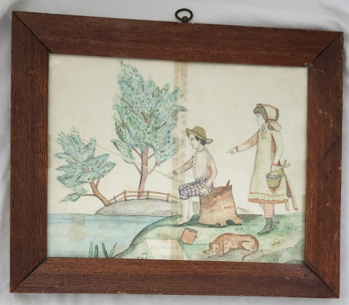 **19th C. Signed Fishing Watercolor w/Provenance