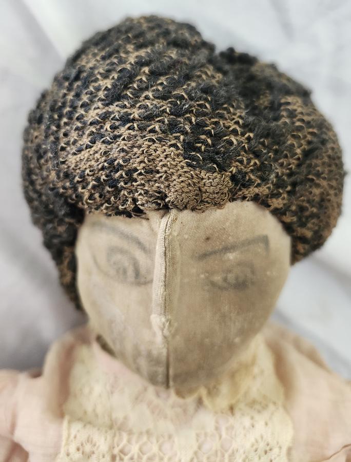 Antique Folk Art Pencil Face Pinched Nose Rag Doll