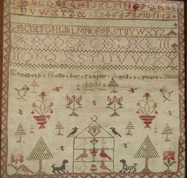 Antq. 1831 Elizabeth Hollis Sampler w/Birds, Dogs+