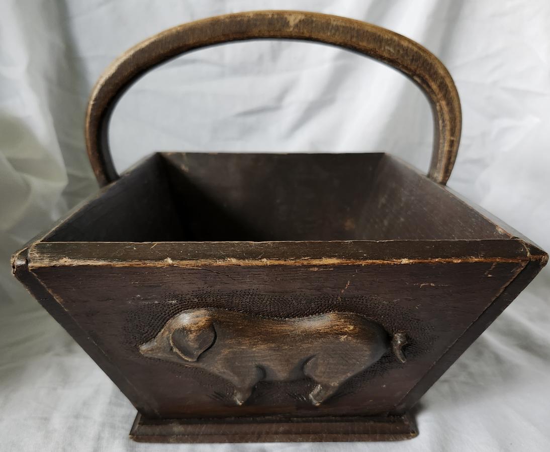 Antq. Folk Art Truffle Hunting Basket w/Carved Pig