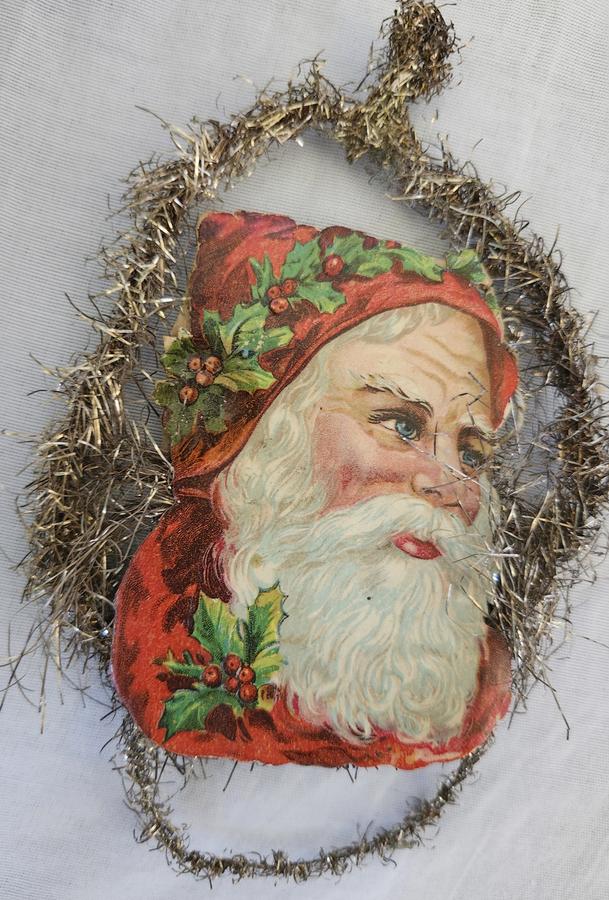 3 Antique Santa Scrap Tinsel Xmas Ornaments