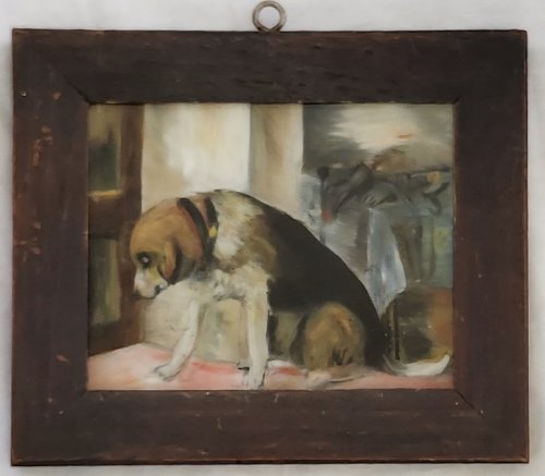 Antique Miniature Reverse Painting of Sad Beagle