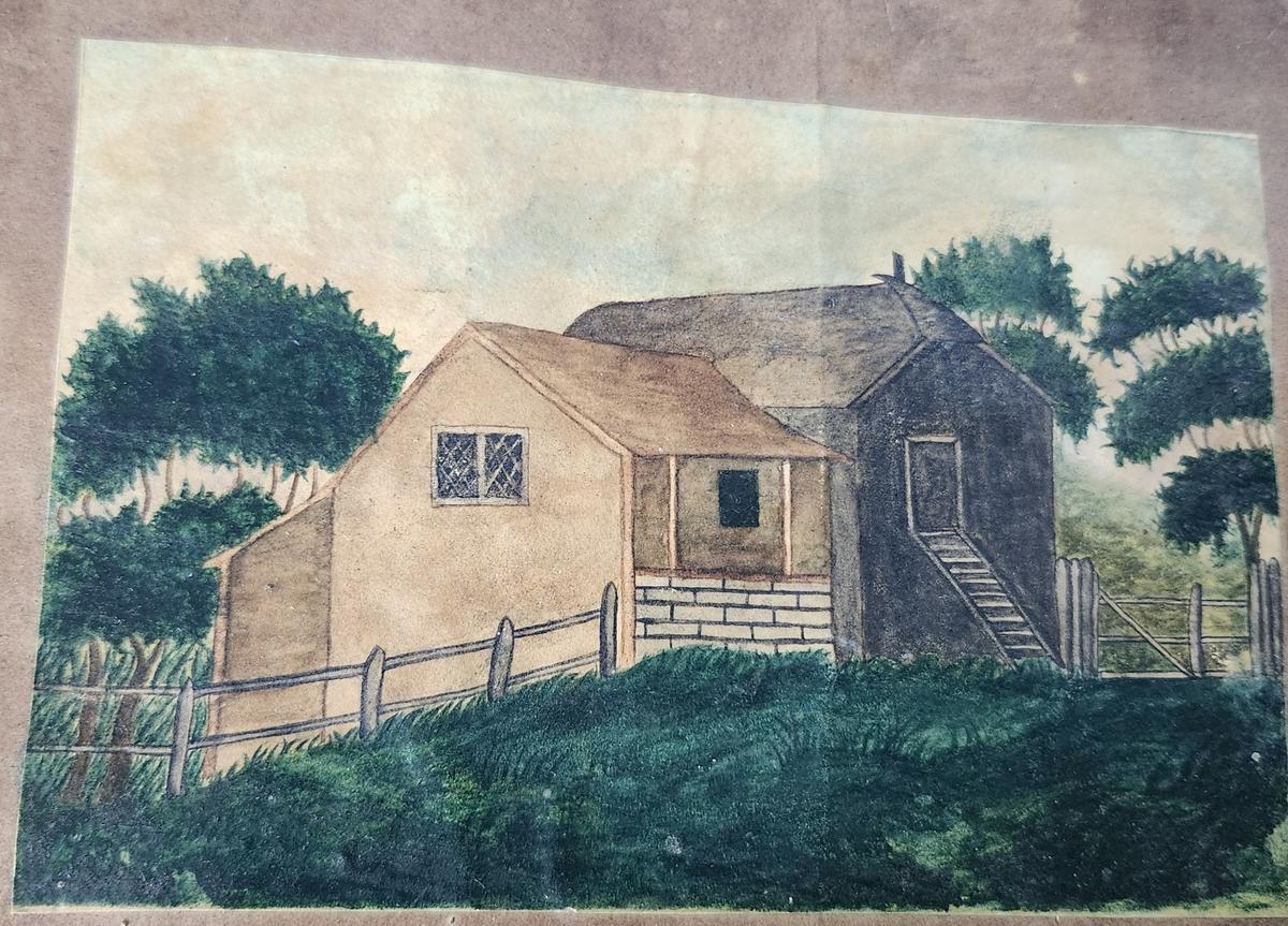 Antique Box w/Folk Art Paintings of House & Woman