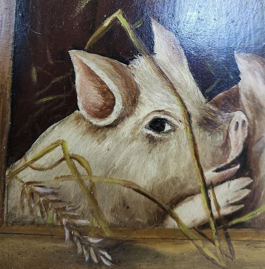 Vintage Folk Art Painting of 5 Piglets