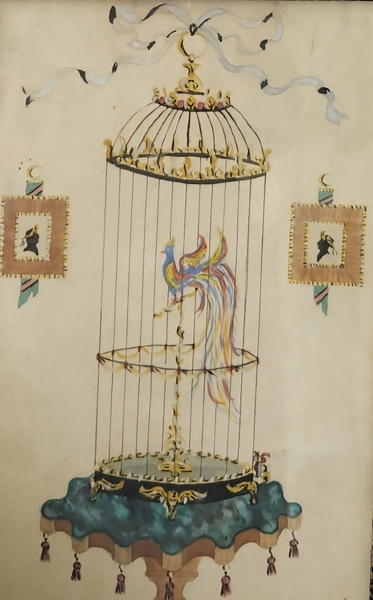 Vintage Folk Art Watercolor of Exotic Bird in Cage
