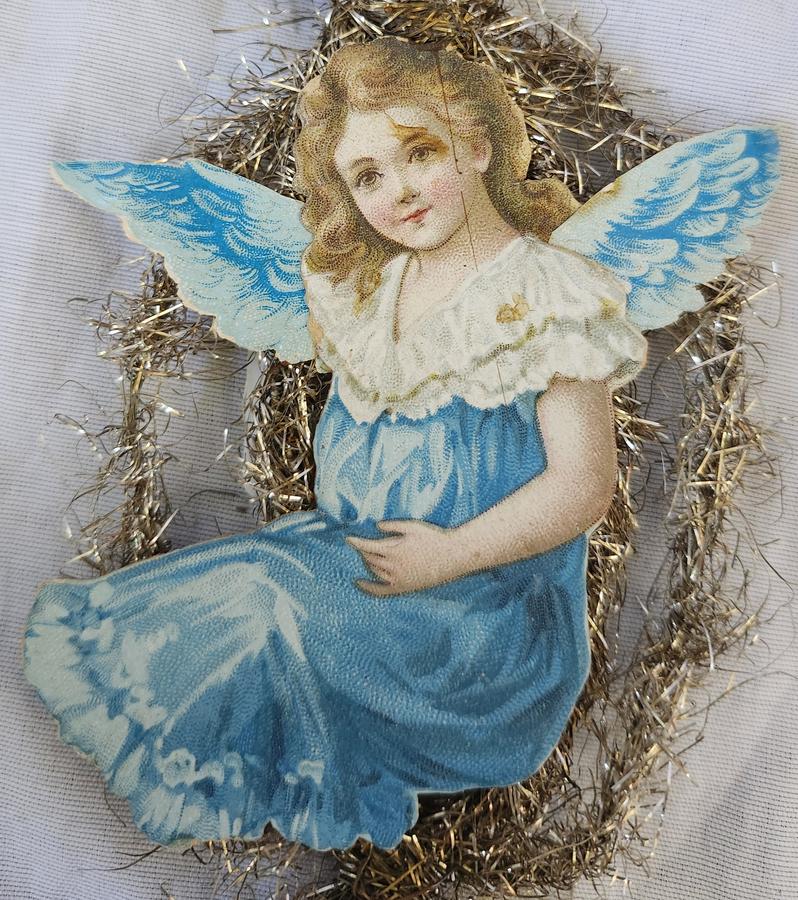 Antique Angel in Blue Scrap Tinsel Xmas Ornament