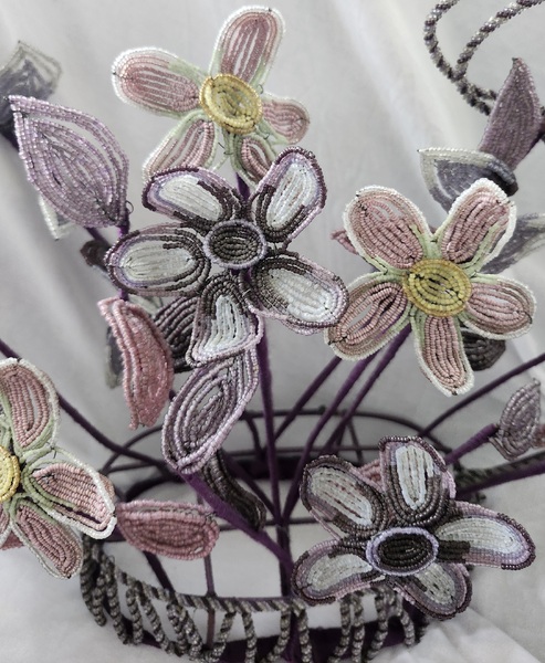 **French Victorian Folk Art Beaded Flower Basket