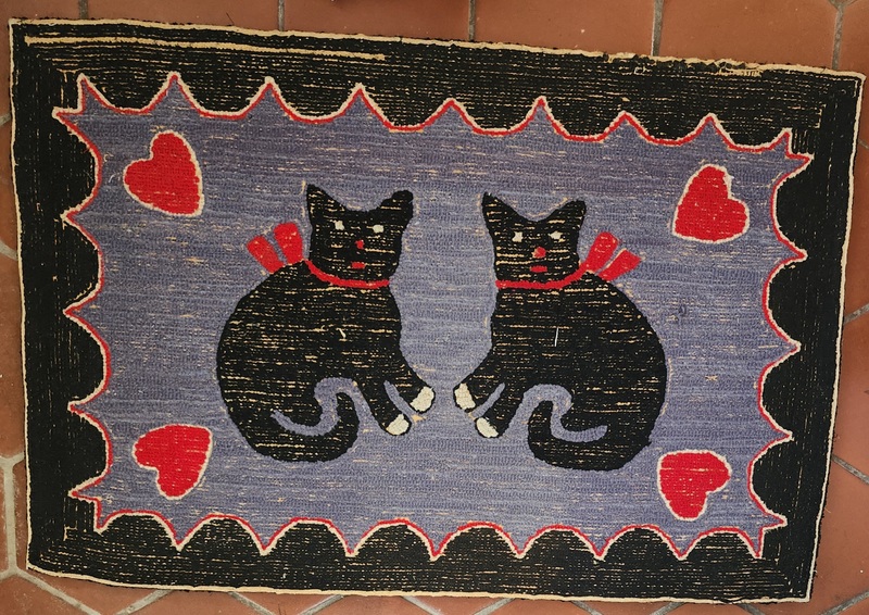 **Vintage PA. Folk Art Cats & Hearts Hooked Rug