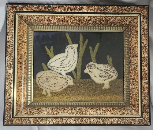 **Antique Framed Stumpwork Depiction of Baby Chick
