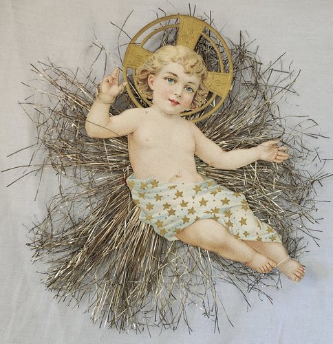 Antique Baby Jesus Scrap Tinsel Xmas Ornament