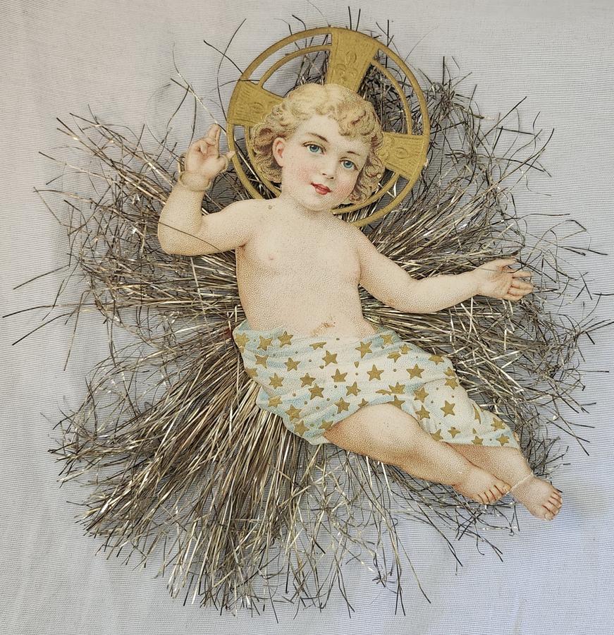 Antique Baby Jesus Scrap Tinsel Xmas Ornament