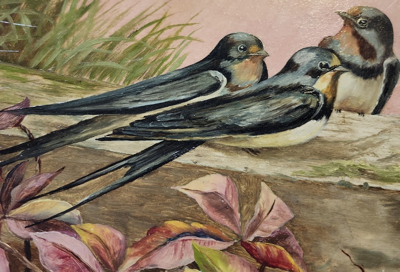 19th C. Painting of Swallows on Papier Mache Plate