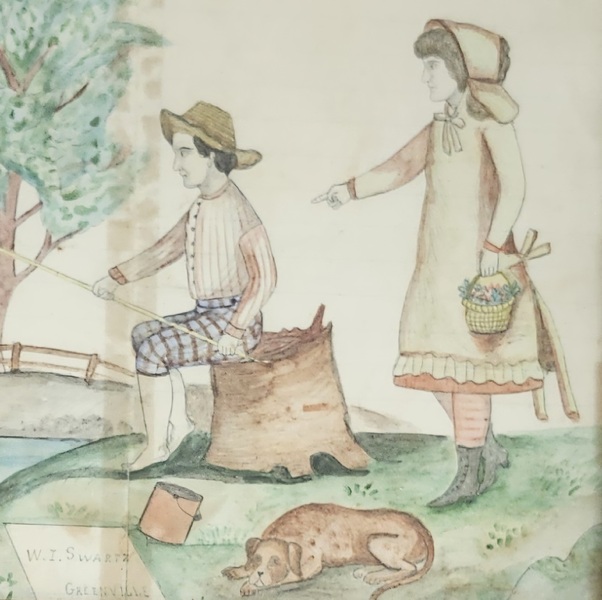 **19th C. Signed Fishing Watercolor w/Provenance