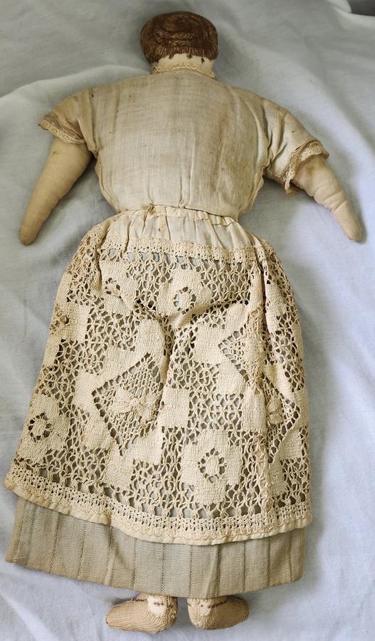 Ca. 1890 Folk Art Sepia Ink Face & Hair Rag Doll