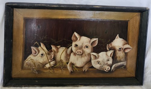Vintage Folk Art Painting of 5 Piglets
