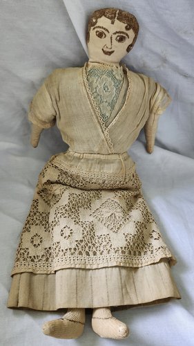 Ca. 1890 Folk Art Sepia Ink Face & Hair Rag Doll