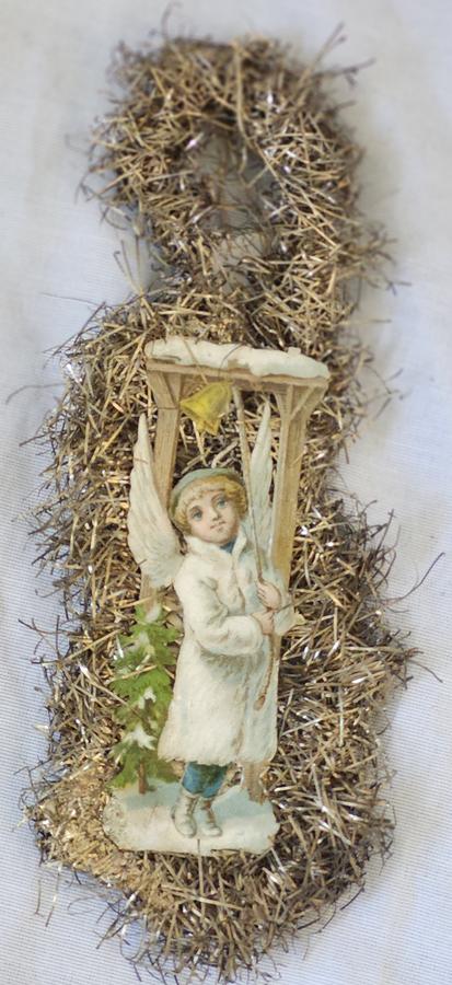 Antique Angel in White Scrap Tinsel Xmas Ornament