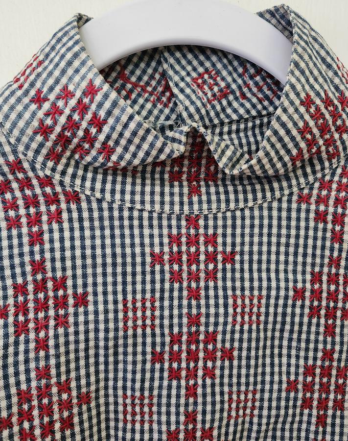 Antique Blue Checked Lady's Blouse w/Embroidery