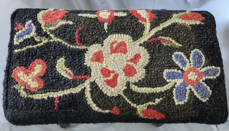 Antique Primitive Footstool w/Floral Hooked Top
