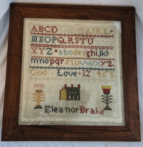 Small 19th C. Folk Art Sampler w/House, Tulips