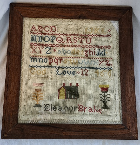 Small 19th C. Folk Art Sampler w/House, Tulips
