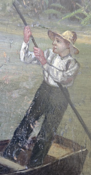 Antq. Painting on Maple Plate w/Scene of Boy & Cow