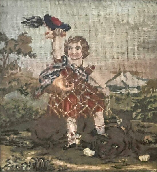 **19th C. Irish Needlepoint of Child w/ Dog & Bird