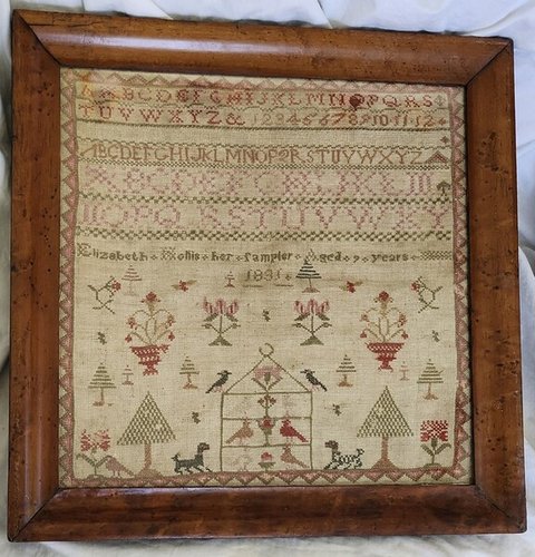 Antq. 1831 Elizabeth Hollis Sampler w/Birds, Dogs+