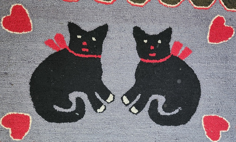**Vintage PA. Folk Art Cats & Hearts Hooked Rug