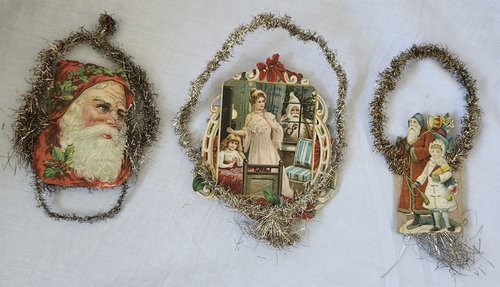 3 Antique Santa Scrap Tinsel Xmas Ornaments