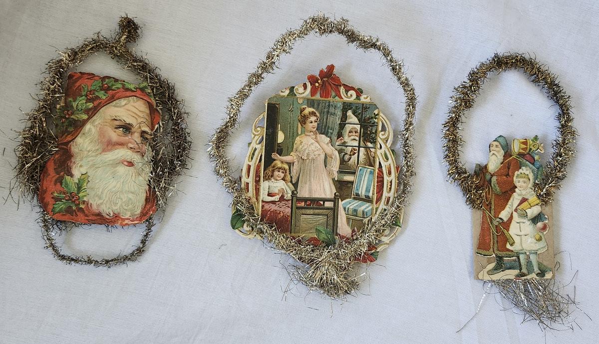 3 Antique Santa Scrap Tinsel Xmas Ornaments