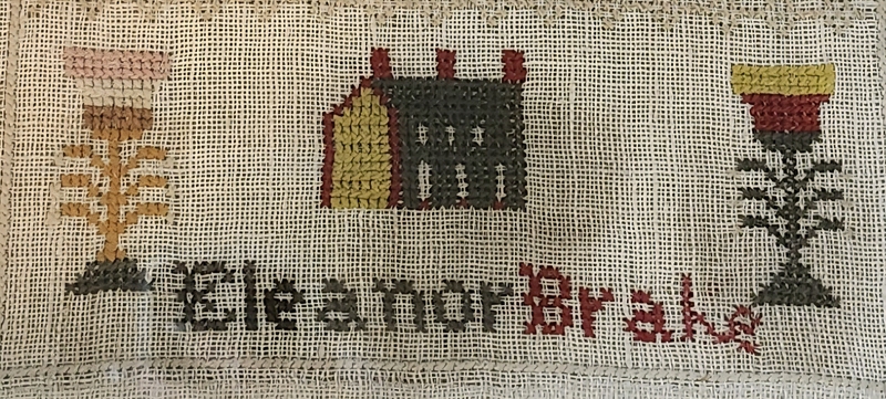 Small 19th C. Folk Art Sampler w/House, Tulips