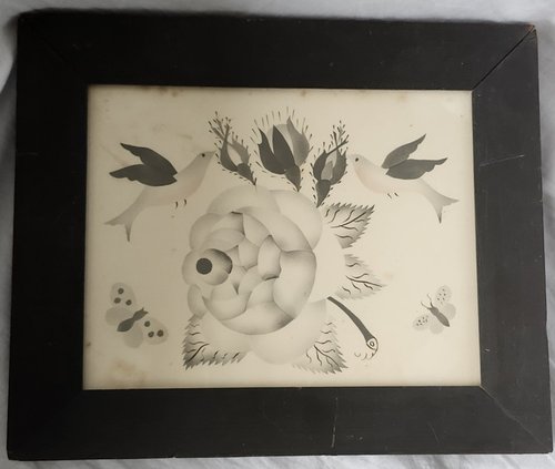 **Antique Folk Art Rose & Doves Theorem Painting